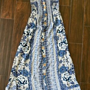 Angie Adjustable Straps Button Down Blue Floral Maxi Dress w/ Side Slit